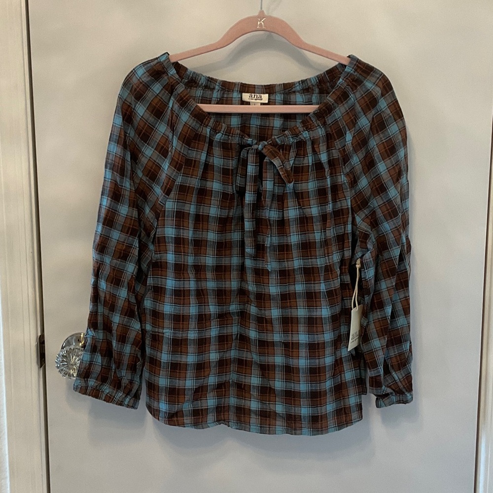Teal and brown plaid top size Large  NWT
